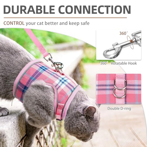PUPTECK Soft Mesh Cat Vest Harness and Leash Set Puppy Padded Pet Harnesses Escape Proof for Cats Small Dogs Rabbits Bunny, Plaid Pink, L - color: Light Pink(Plaid), size: L(NECK 8.5"-10.5", CHEST 12.5"-15", 6-10 lbs)