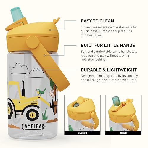 CamelBak Thrive Flip Straw Kids Water Bottle with Bite Valve, Tritan Renew Design for School and Travel, 14oz, Tractors and Trees - color: Tractors and Trees