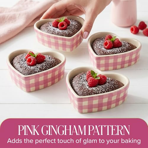 Paris Hilton Heart Shaped Ramekins Oven Safe, 4-Piece Mini Ceramic Ramekin Set, Stoneware Baking Dishes, Microwave, Dishwasher & Freezer Safe, Gingham Design, 3-Ounce, Pink