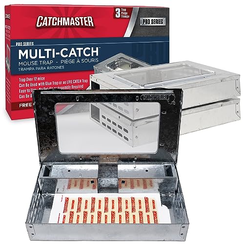 Catchmaster Multi-Catch Mouse Trap 3-Pack, Humane Mouse Traps Indoor for Home, Includes Replaceable Glue Board, Live Catch Pest Control for Garage & Shed - size: 3-Traps Metallic