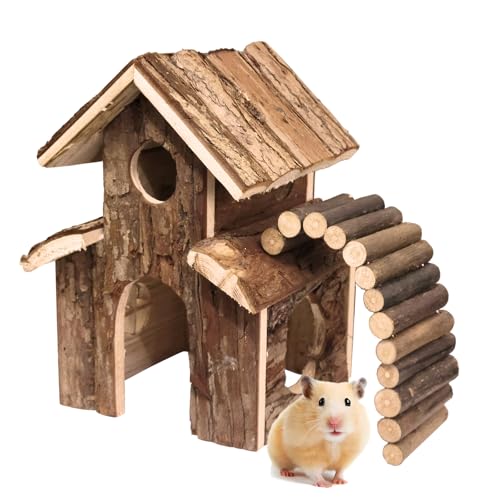 Small Animal Amusement Wooden Villa House Hideouts Playground with Ladder, Fit for Chinchilla, Guinea Pigs, Gerbil, Dwarf Mice, Hedgehog (4 Pcs)
