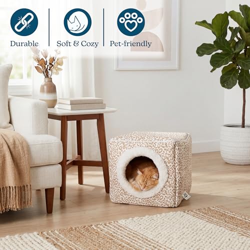 Cat House - Indoor Bed with Removable Foam Cushion - Cat Cave for Puppies, Rabbits, Guinea Pigs, and Other Small Animals by PETMAKER (Animal Print) - color: Tan Animal Print