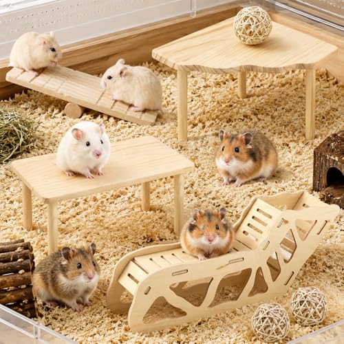 7-Pack Hamster Wooden Play Toys Set, Platform, Seesaw & Maze Tunnel Hideout, Natural Chew Toys for Dwarf Syrian Hamsters, Gerbils, Mice & Small Pets