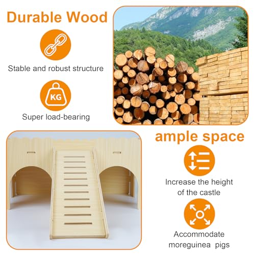 Large Wooden Guinea Pig Hideout with Ramp & 4 Cave Entrances for Small Pets | Easy Assembly, Easy-Clean Surface, Spacious Design, Anti-Slip Ramp, Quality Wood