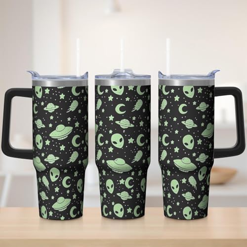 30oz Alien Stainless Steel Tumbler with Handle and Straw, Ufo Lover Insulated Cup Travel Coffee Mug Water Bottle with Lid and Straw, Women Gifts - color: Alien