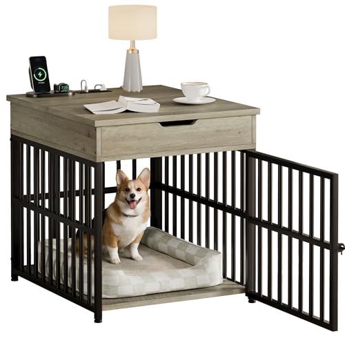 IRONCK Dog Crate Furniture for Small Dogs, Gray | Wooden Dog Kennel with Flip Top Drawer, Indoor Pet Crate End Table with Charging Station, Steel-Tube Dog Cage - color: Grey