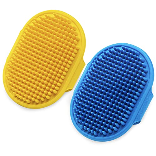 Dog Grooming Brush, Lilpep Pet Shampoo Bath Brush Soothing Massage Rubber Comb with Adjustable Ring Handle for Long Short Haired Dogs and Cats (Blue+Yellow, pack of 2) - color: Blue+Yellow, size: Pack of 2 - Standard Brush