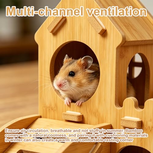 Wooden Hamster Hideout,House and Habitat with Climbing Ladder(Castle) | Hamster Hideout Cage Accessories,Very sturdy and bite-resistant for Mouse Mice Rat Other Small Animals - color: Bamboo