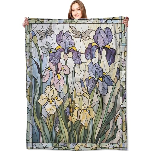 Stained Glass Irises Floral Blanket Butterfly & Dragonfly Throw Blankets,Gifts for Kids Woman Adult,Lightweight Soft Fleece, for Sofa Couch Bed Room Modern Artistic Decor 50x60in - color: Stained Glass, size: 50x60in