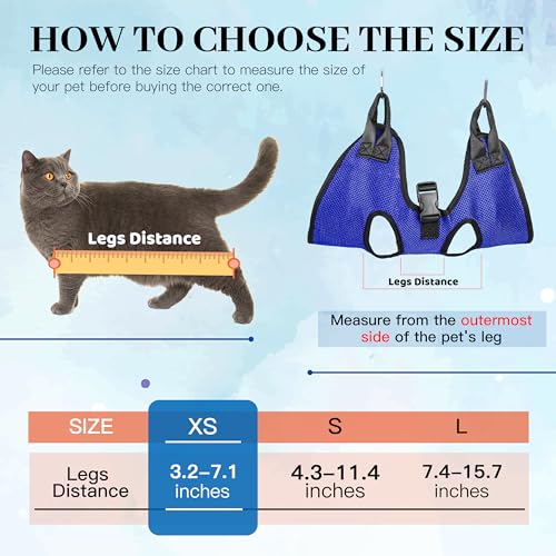 PatiencET Cat Grooming Hammock Kit | For Cats & Dogs up to 12 lb, Hanging Harness and Sling for Nail Trimming, Includes Clippers/Trimmer, File & Comb, Blue XS - color: Blue, size: XS (12 LB Max)