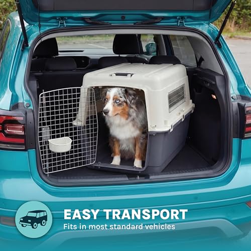 SportPet Airline Compliant LARGE 31.5" Travel Dog Kennel-Durable Plastic Airline Pet Carrier w/ Removable Wheels & Food Bowls, Collapsible Indoor/Outdoor Dog Kennel, Dogs up to 28"L & 20"H-Cream/Gray - color: Cream/Gray
