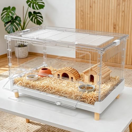Hamster Cage15.4 High Panoramic Clear Syrian Playhouse | 470 Sq In cozy retreat floor, 6.5" deep burrowing tray, 2.8" elevated thermal legs, 5-min foldable assembly - size: 27.5"L x 16.9"W x 15.4"H