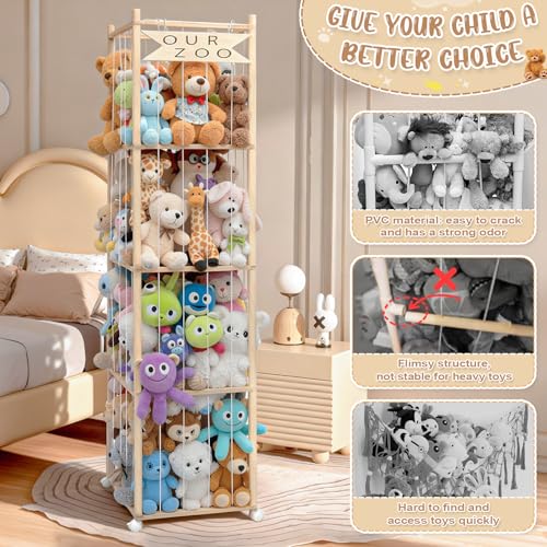 OurWarm Stuffed Animal Storage & Organizer, 68.5 Inch Large Wooden Zoo Stuffed Animal Holder with Wheels, Kids Toy Storage Organizer for Nursery Storage, Toddler Rooms, Playrooms, Bedroom Organization