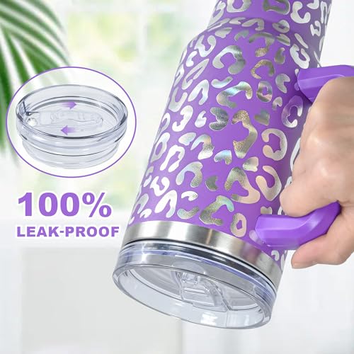 40 oz Tumbler with Handle and Straw, 100% Leak-Proof Travel Mug, Stainless Steel Double Wall Vacuum Insulated Coffee Cup Keeps Cold For 34 Hours, Dishwasher Safe, Purple Leopard - color: Purple Leopard