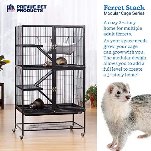 Prevue Pet Products Ferret Stack Two Story Ferret Home - Portable Stand, Escape Proof Lock, Includes Hammock & Ramps, Expandable Two Story Cage Stacking System with Wheels - Black