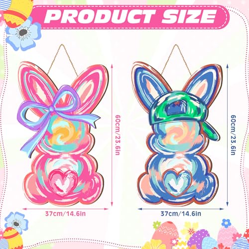 2 Pcs Large Easter Bunny Door Sign Modern Easter Door Hanger Decor 27.56 x 11.81 Inches Cute Bunny Wreath for Front Rabbit Hanging Porch Sign for Home Indoor Outdoor Decor - style: Modern
