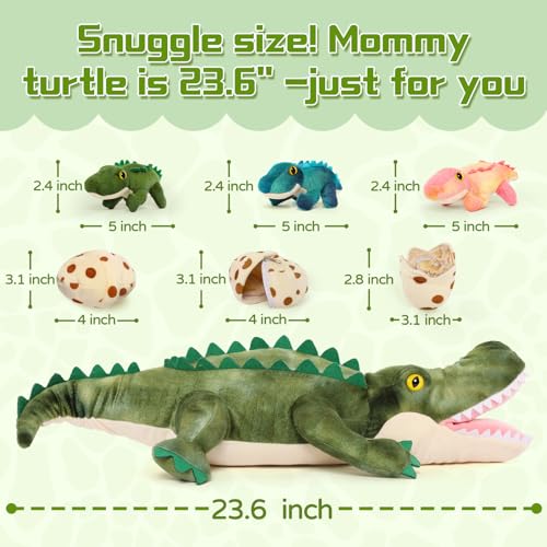 Alligator Stuffed Animal with 3 Babies, 23.6" Wild Aniaml Plush | 7Pcs Alligator Plush Family; Mommy Crocodile, 3 Babies & 3 Eggs; Zipper Belly Pretend Play; Birthday Christmas Gift for Kids - style: Alligator Green