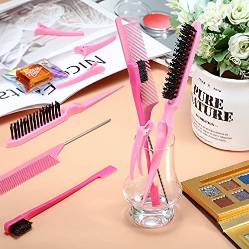 Remerry 12 Pieces Hair Brush Set, Nylon Teasing Hair Brushes 3 Row Salon Teasing Brush, Double Sided Edge Smooth Comb Grooming, Rat Tail Combs with Duckbill Clips for Women(Pink) - color: Pink