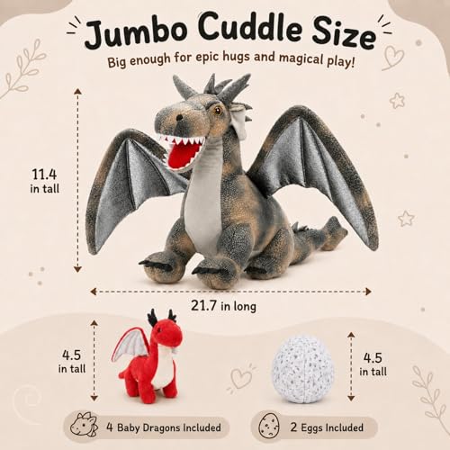 Dragon Plush with 4 Babies, 21.7" Dinosaur Stuffed Animal, Gray | 7Pcs Dragon Plush Family; Mommy, 4 Baby Dragons & 2 Eggs; Zipper Belly Pretend Play; Birthday & Christmas Gift for Kids - style: Dragon Gray