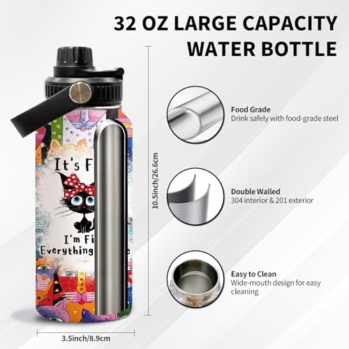 Cat 32oz Water Bottle, with Handle & Lid Bottle, Insulated Cup | 32oz Stainless Steel Tumbler, Leak-proof Reusable Mug, Christmas Birthday Gift for Funny Black Cat Lovers - color: Color Cat