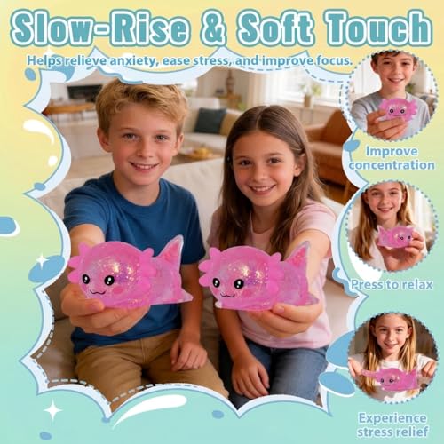 3.94 in Pink Glitter Crawling Axolotl Squishy Slow Rising | Soft TPR, Floating Glitter, squeeze toy, busy hands, stress relief, focus support, home, class, travel, kids and adults - color: Pink