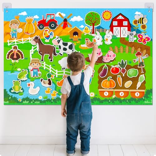 Farm Animals Felt Story Board Set, 3.5Ft 38Pcs Interactive Storytelling Busy Board Toys for 2 Year Old Boy Girl, Animal Farm Barnyard Preschool Learning Activities Toddler Toys for Ages 2-4 Gifts