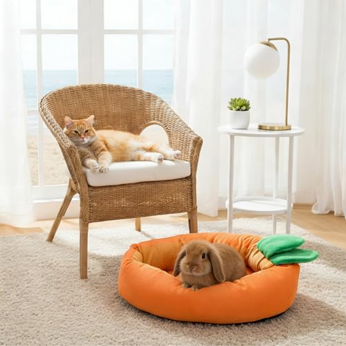 Hiceeden Carrot Bunny Bed, 24" × 12" Rabbit Bed with Removable Cushion | Machine Washable Rabbit House Mat Soft and Thickened for Indoor Guinea Pig, Kitty, Squirrel, Hedgehog, Small Animals