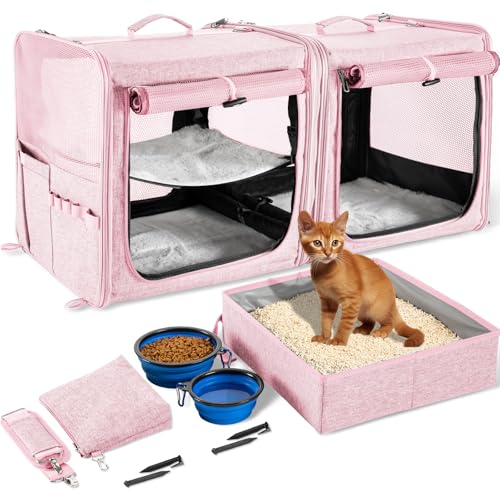 Extra Large Cat Carrier for 2 Cats with Travel Litter Box, 2-in-1 Foldable Soft Pet Car Travel Carrier with Zipper Locks for Multiple Cats Small Dogs Up to 45 Lbs, Pink - color: Pink