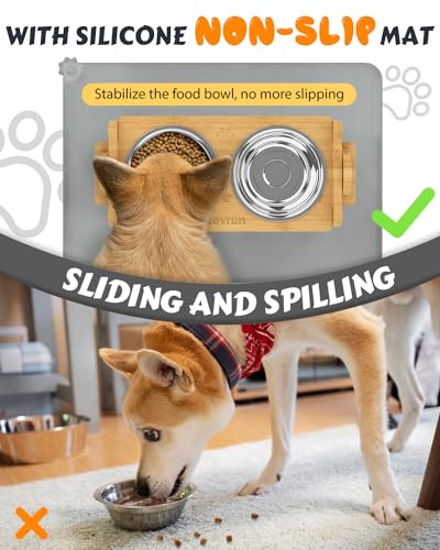 Jovrun Elevated Dog Bowls, Adjustable Raised Dog Bowl Stand for Small Size Dogs and Cats, Durable Bamboo Dogs Feeder with 2 Stainless Steel Bowls and Non-Slip Feet, Pet Food Bowl with Mat - color: Bamboo, size: 2″-7″For Small Dogs and Cats with Mat