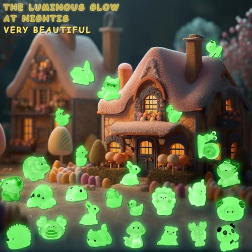 52Pcs Luminous Mini Resin Animals 52 Styles Miniature Glow in the Dark Resin Animal Figures to Hide Tiny Small Little Ducks Turtles Dinosaurs and Frogs for Micro Landscape Dollhouse Fairy Garden Decor - style: 52Pcs-Luminous