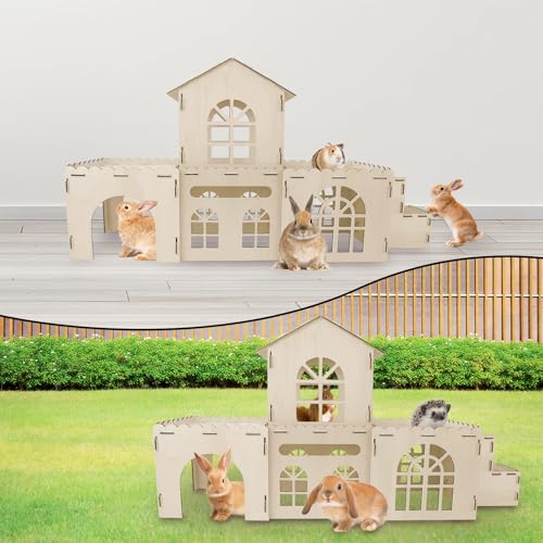 YUEPET 4-Piece Rabbit Castle with Stairs, Wooden Bunny Castle, Rabbit House | 4-Piece Castle Set with Stairs, Detachable Panels, 47.2 x 11.8 x 24.6 in, Ventilation Cutouts, Tool-Free Assembly - size: Rabbit Castle*4+Ramp*1