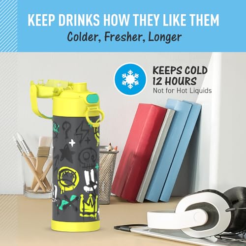 THERMOS FUNTAINER Water Bottle with Spout, 16oz, Graffiti Boy | Kids Stainless Steel Insulated Water Bottle, Keeps Drinks Cold Longer for School & Play, BPA-Free - color: Graffiti Boy, size: 16 Ounces