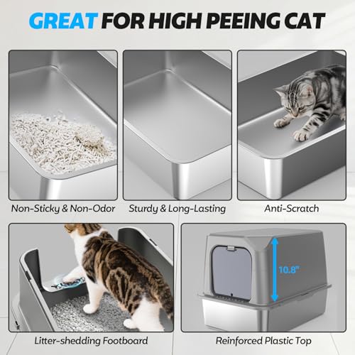 XL Stainless Steel Litter Box with Lid, Enclosed Cat Litter Box,Front Entry | XL for Big Cats, High Sides Enclosed Design, Anti-Urine Leakage, Non-Stick Odor-Free, Easy Clean, Reduce Litter Tracking - color: 14 - Light Gray (Pack of 1)