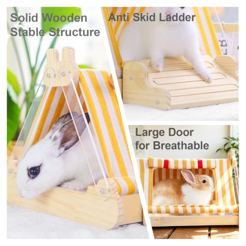 Wooden Rabbit Bed Cooling Guinea pig Bed with Aluminum Pad(Yellow) | Guinea Pig Hideout with Ice box Bunny Bed Four Season Guinea Pig Hide Tent Solid Wood Chinchilla Cooling House for Hedgehog - color: Yellow