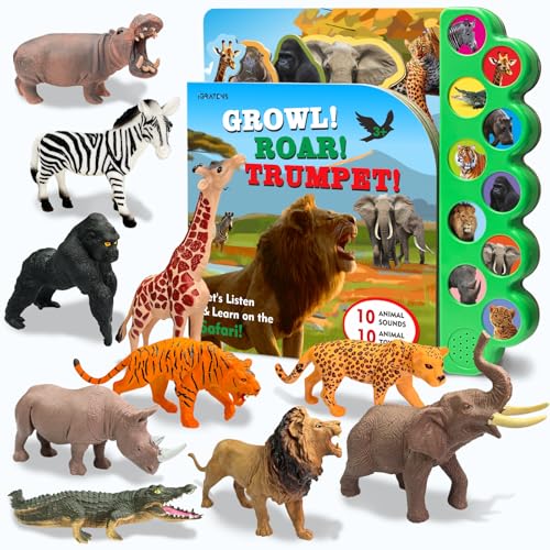 iGRATENS Safari Animals Figures Toys with Sound Books, 10PCS Realistic Jungle Animals Figures & Safari Animals Book with 10 Buttons, Zoo Animal Toys, Learning Toy for 3+ Year Old Boys, Girls, Kids - style: Safari Animals