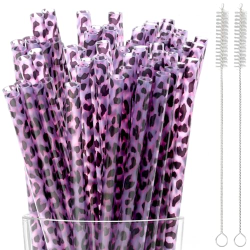 30 Pcs Reusable Purple Leopard Print Straws Cheetah Print Plastic Drinking Straws with 2 Cleaning Brushes for Fun Animal Print Party Favors Birthday Party Supplies - color: Purple
