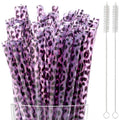 30 Pcs Reusable Purple Leopard Print Straws Cheetah Print Plastic Drinking Straws with 2 Cleaning Brushes for Fun Animal Print Party Favors Birthday Party Supplies - color: Purple