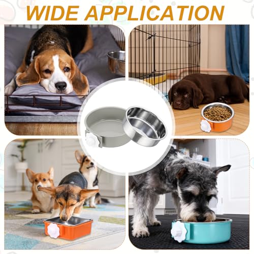 Crate Dog Bowl, Removable Stainless Steel Pet Cage Hanging Anti-Overturn Food Water Feeder Cage Cup (Round, Grey, 25.3oz), Intended for Puppies/Cat/Rabbit/Bird - color: Grey, size: 6.4"(25.3oz)