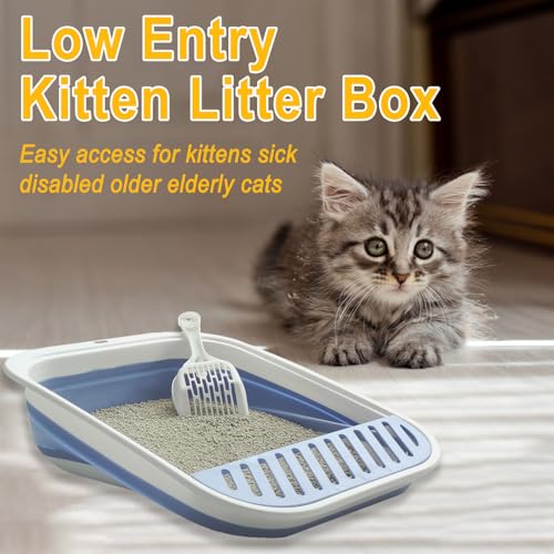 Low Entry Kitten Litter Box Collapsible Shallow Litter Box | Senior Cats Anti-Splashing Kitty Training Open Potty Pan Scoop Leak-proof pedal Cat Toilet No Smell Easy Clean - color: Blue, size: Medium