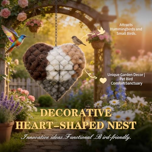 2pc Handmade Alpaca Fiber Heart Bird Nesting Material Holder Hummingbird Nest Balls Ornament for Cage Box Cage Accessories Nido Para Periquitos House for Wild Birds Handmade Metal Refillable Birds