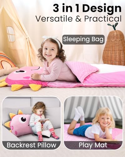 Kids Sleeping Bag, 3 in 1 Larger Plush Animal Toddler Nap Mat | Slumber Bag for Travel Sleepover Birthday Daycare Preschool Kindergarten, Boys Girls - color: Pink Dinosaur, size: 61"*27