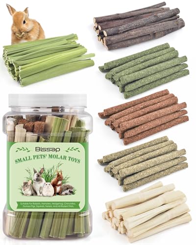 Bissap 54 PCS Rabbit Chew Sticks, Mix Natural Sweet Bamboo Timothy Hay Oat Carrot Chew Stick Apple Branch Bunny Chews for Rabbit Hamster Chinchilla Guinea Pig Small Pet Molar Treats - size: 0.3 Ounce (Pack of 54)