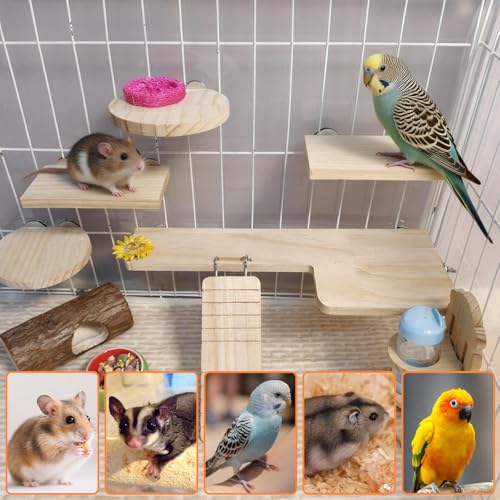 Hamster Cage Platform L-Shaped Wooden Hamster Cage Accessories Rat Climbing Toys Ledge with Ladder for Sugar Glider Mice Mouse Chinchilla Squirrel (L) - size: L