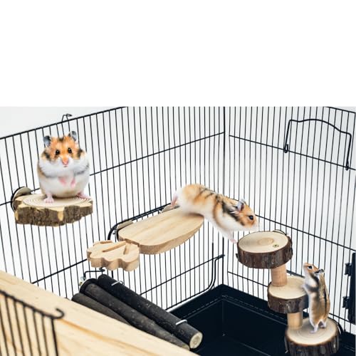 Space Expanding Natural Wood Hamster Platform Set, DIY Small Animal Playground Accessories for Hamster Cage, Climbing & Resting Toys with Adjustable Screws for Hamsters, Chinchillas, Gerbils