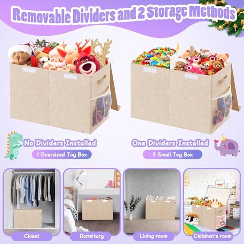 Large Toy Storage Box with Lid, Dividers, Collapsible Kids Toy Chest, Beige | Toy Box for Boys, Girls, Nursery, Bedroom, Living Room, Playroom, 25 x 13 x 16 inches - color: Large Beige