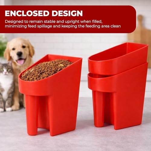 3 Quart Enclosed Feed Scoop Livestock – 2 Pack Stackable Pet Food Red Scoops, Durable Super Heavy-Duty Plastic Grain Scooper for Dog, Cat Litter, Flour, Rice, Chicken, Garden Soil, Barn, Ranchers Farm