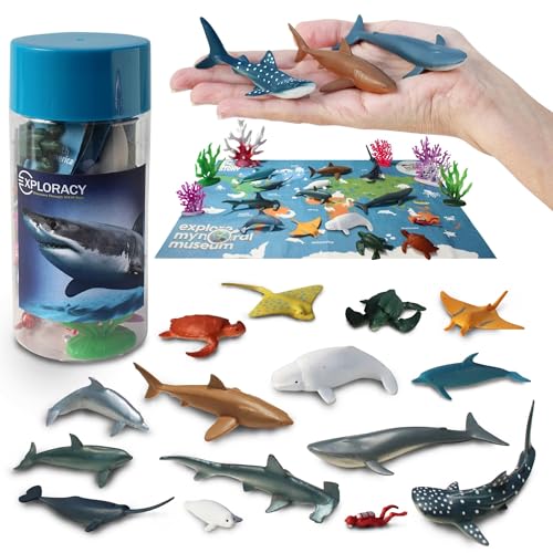 15pcs Mini Sea Animals Toys for Kids Toddlers Ocean Animal Toy Figurine Realistic Sealife with Shark Whale & Dolphin Bath Toys Sensory Bin Play Birthday & Party Favors