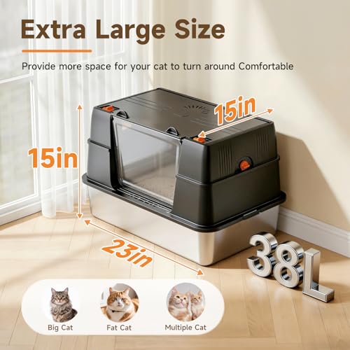 Stainless Steel Litter Box with Lid, High Sided Enclosed Metal Litter Box for Big Cats, Easy Cleaning Anti-Urine Leakage, Non-Sticky Cat Box, Front Entry Top Exit KittyBox, Includes Mat & Scoop