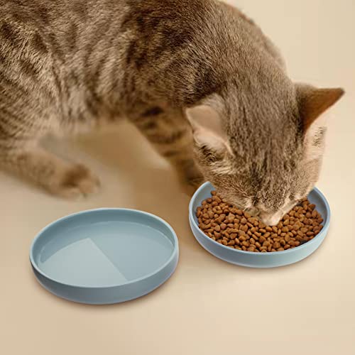 Ceramic Cat Bowls,Shallow Cat Dishes for Food and Water, 6 inch Matte Finish Wide Cat Food Bowl,Whisker Fatigue Free Pet Puppy Kitten Bowl Set of 3,Dishwasher Safe - color: Bluish grey-3pack