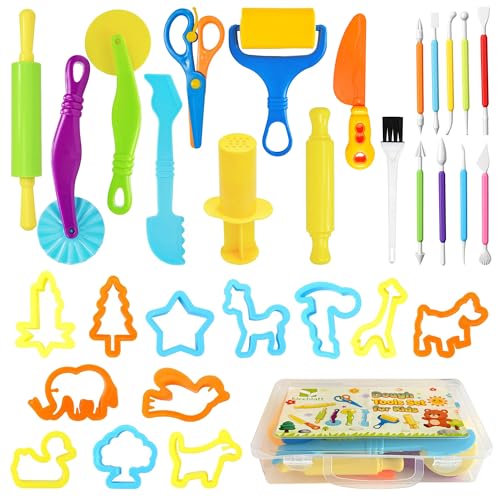 Kleeblatt Dough Tools Set for Kids - 31 Pcs Playdough Kit | 12 animal molds, 9 Basic Dough Tools, 9 Double-Headed Clay Carving Tools, 1 Cleaning Brush, Exquisite Box - color: KT-DoughTools-2